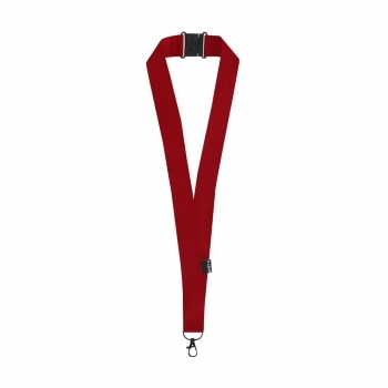 Lanyard de poliéster RPET con mosquetón negro giratorio, cierre de seguridad y etiqueta RPET