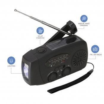 Radio multifunción de emergencia AM/FM con linterna LED, carga solar y manual y batería 2000 mAh