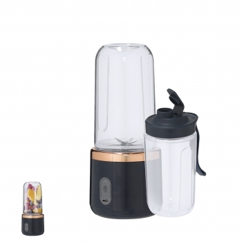 Set licuadora con 2 vasos portátiles 400 ml y 6 cuchillas — batería 1200 mAh — detalles oro rosa