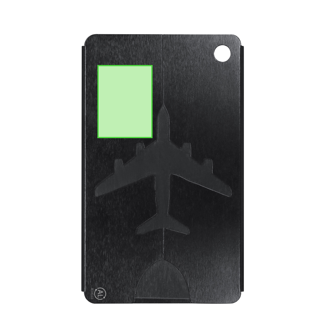 Identificador de maletas de aluminio reciclado con diseño de avión