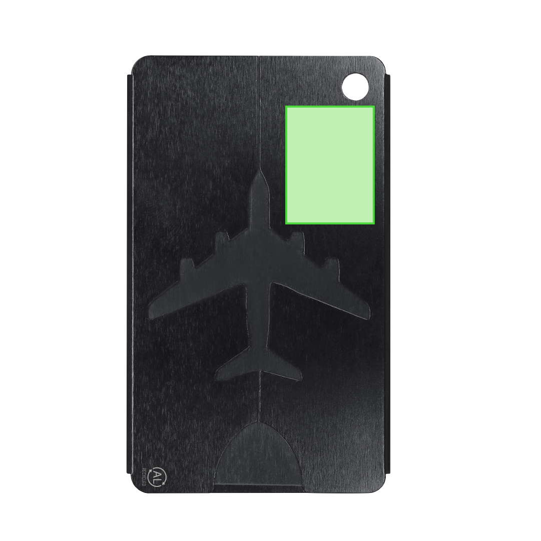 Identificador de maletas de aluminio reciclado con diseño de avión