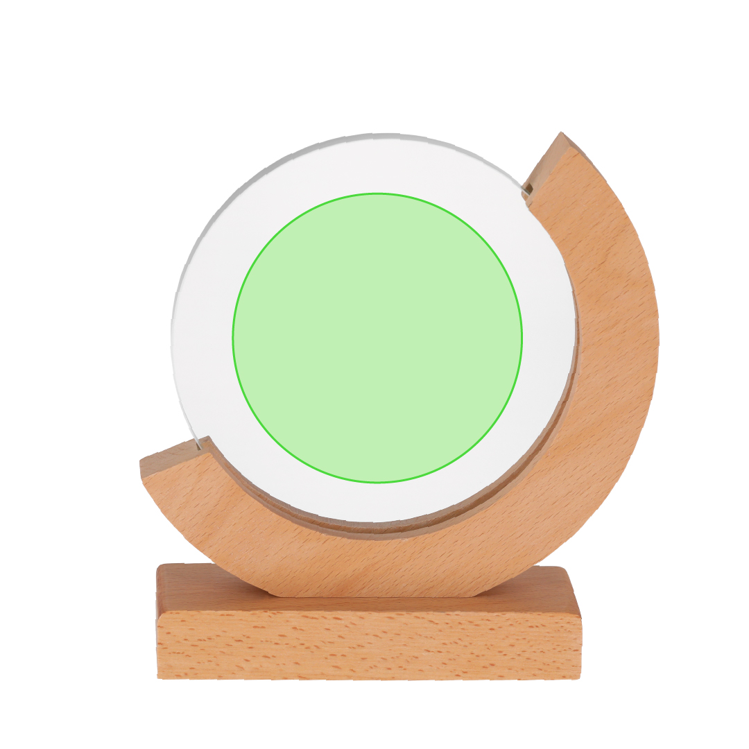 Placa trofeo de cristal circular con base de madera 18×19 cm estuche kraft