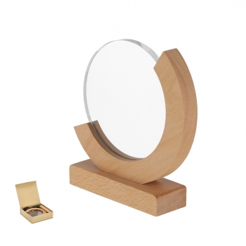 Placa trofeo de cristal circular con base de madera 18×19 cm estuche kraft