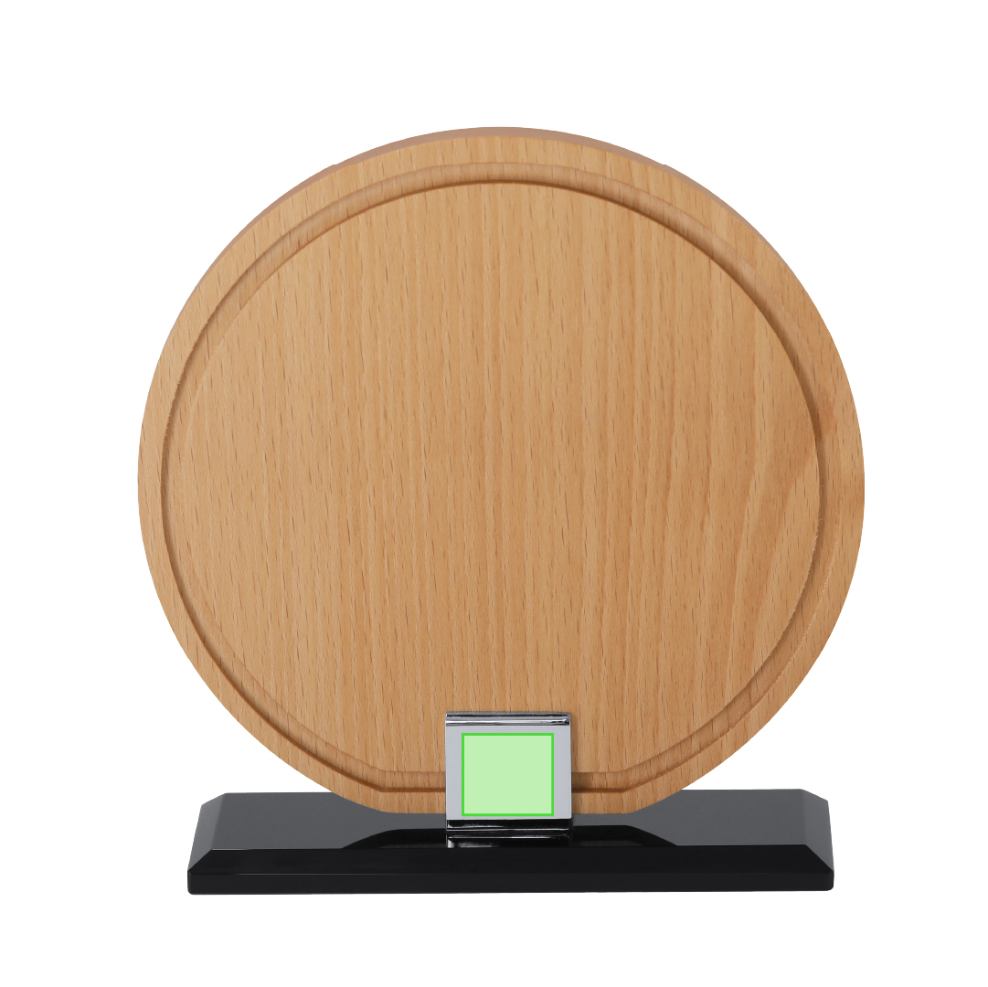 Placa trofeo de madera con disco de vidrio central y unión metálica plateada 16×17 cm