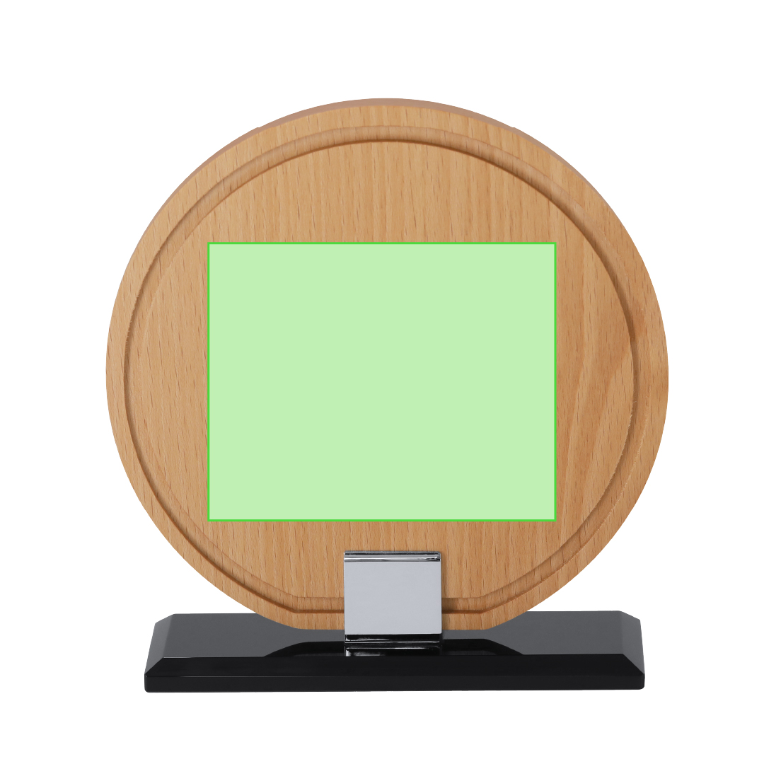 Placa trofeo de madera con disco de vidrio central y unión metálica plateada 16×17 cm