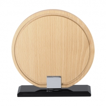 Placa trofeo de madera con disco de vidrio central y unión metálica plateada 16×17 cm
