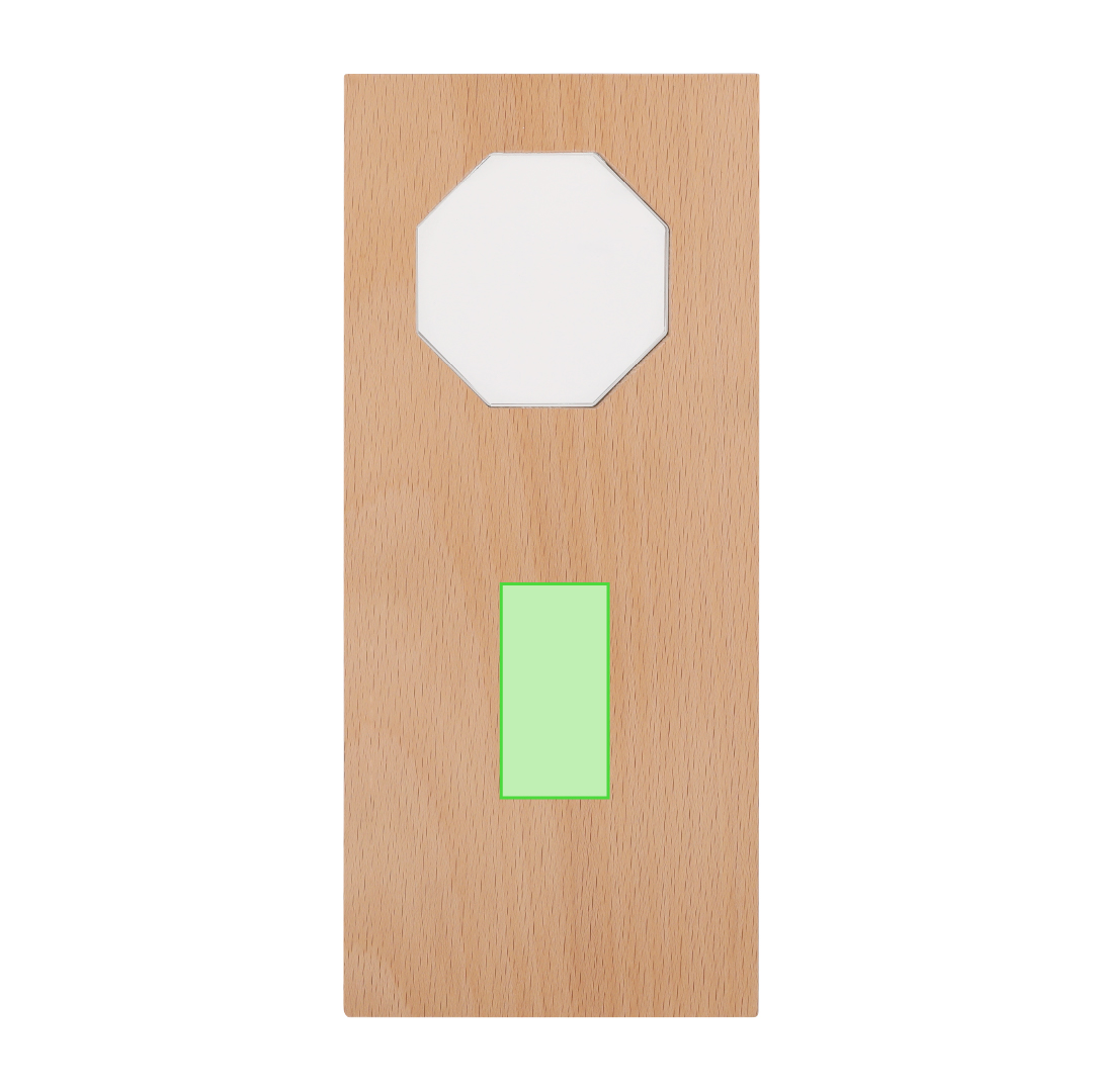 Placa trofeo de madera con cristal octogonal central grabable 10×22 cm 560 g