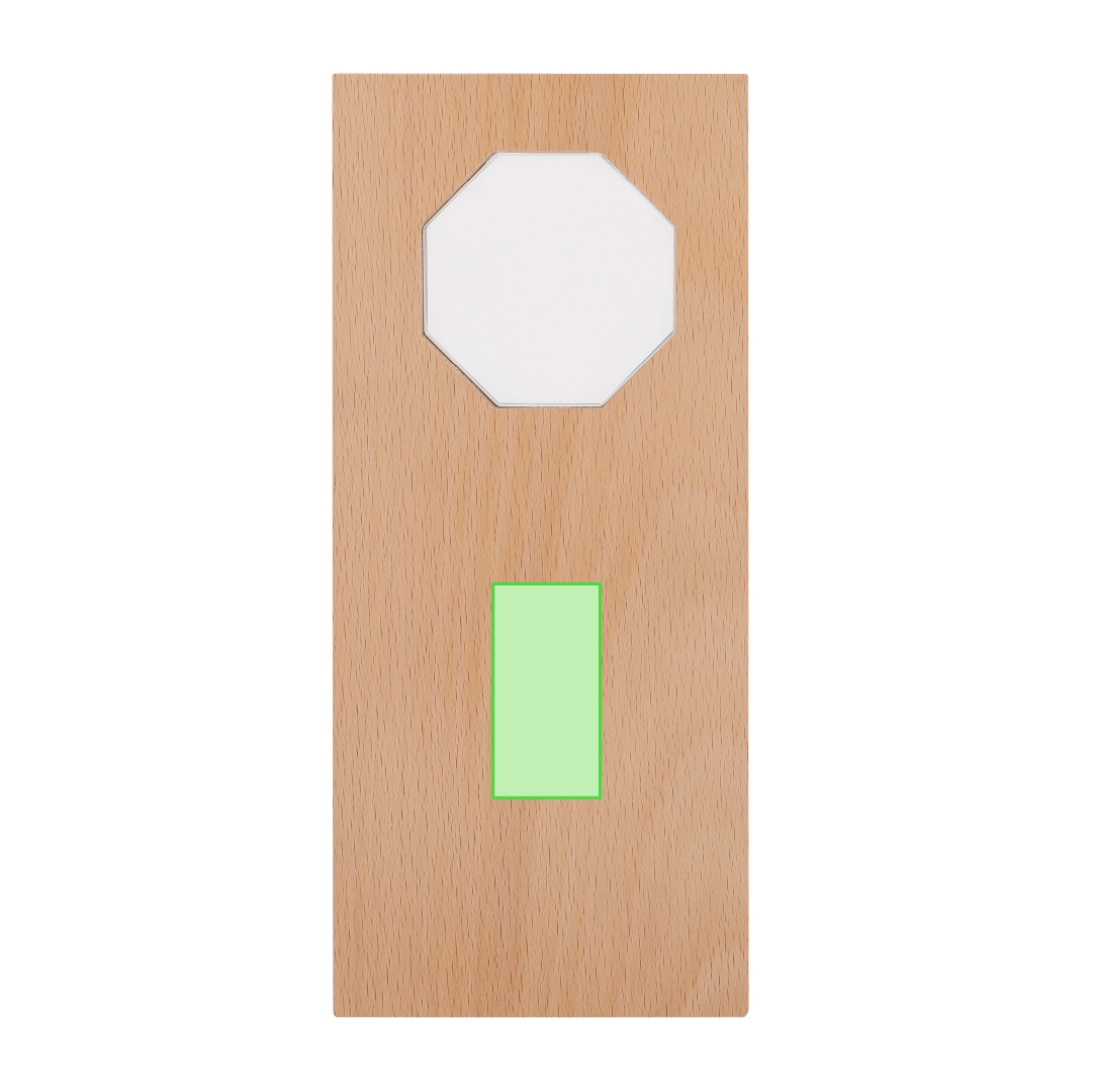 Placa trofeo de madera con cristal octogonal central grabable 10×22 cm 560 g