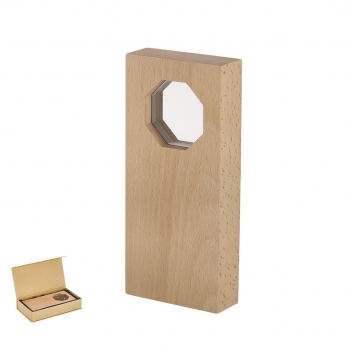 Placa trofeo de madera con cristal octogonal central grabable 10×22 cm 560 g