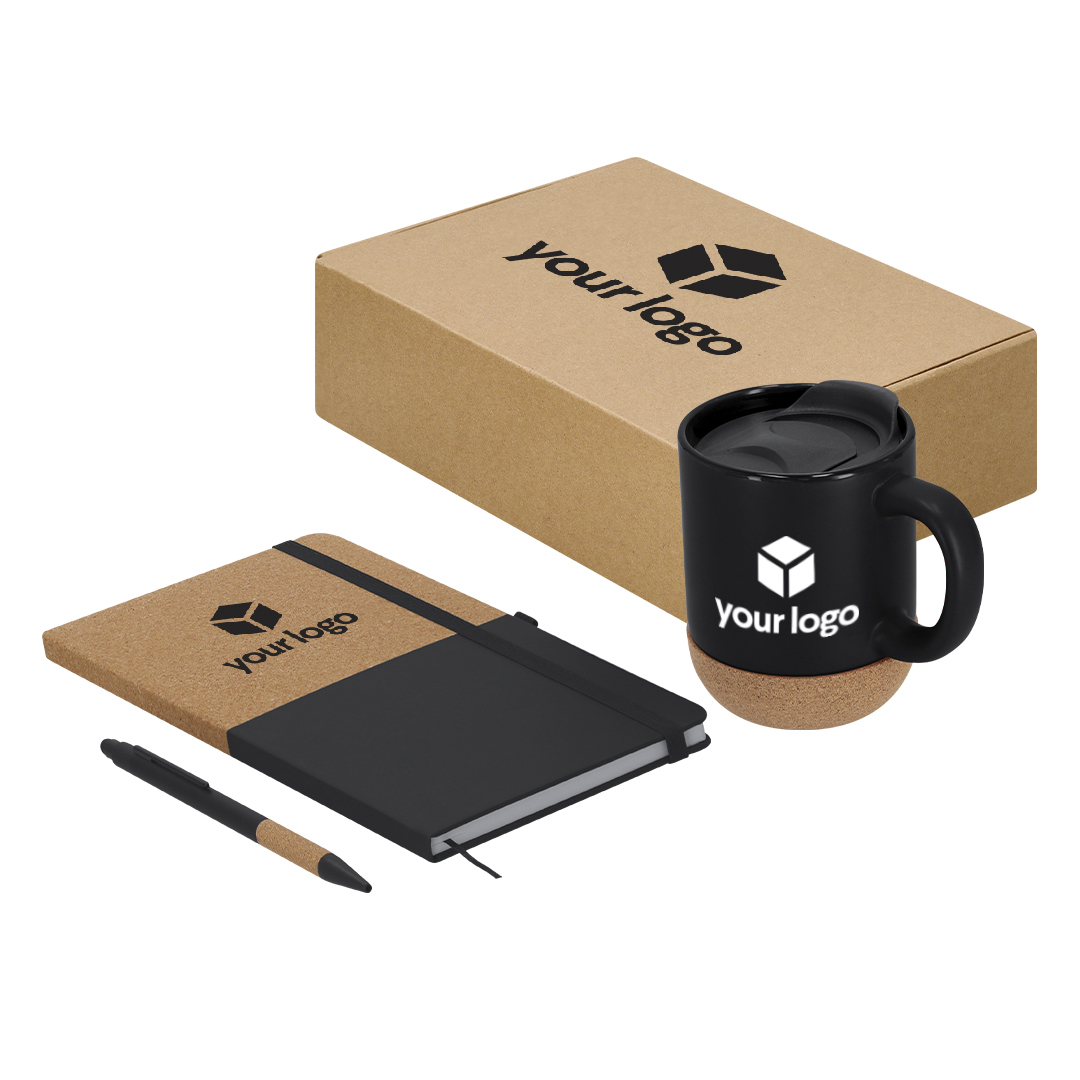 Set regalo corcho taza cerámica 330 ml bloc PU y bolígrafo de aluminio