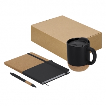 Set regalo corcho taza cerámica 330 ml bloc PU y bolígrafo de aluminio