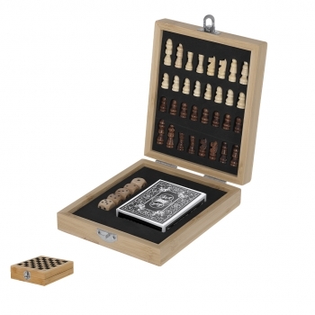 Set de 3 juegos de bambú ajedrez dados y cartas de póker en estuche tablero