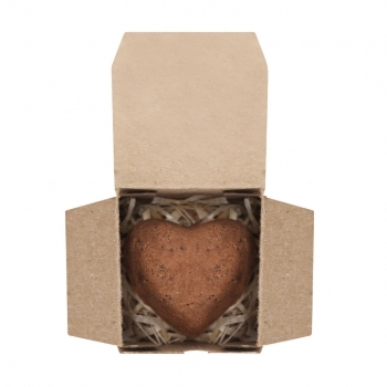 Caja bombón de corazón de barro con semillas de flores silvestres en cartón reciclado
