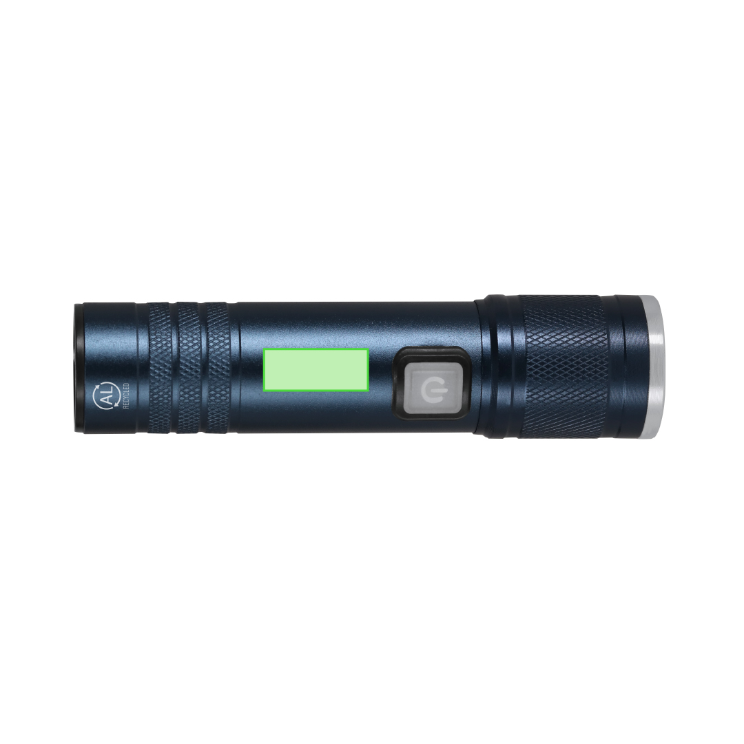 Linterna de aluminio reciclado con zoom 1 luz COB batería 800 mAh carga Tipo C