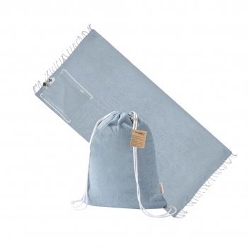 Mochila pareo de algodón reciclado 170 g/m² (180x90 cm) con diseño en color coordinado y plegado en mochila de cuerdas