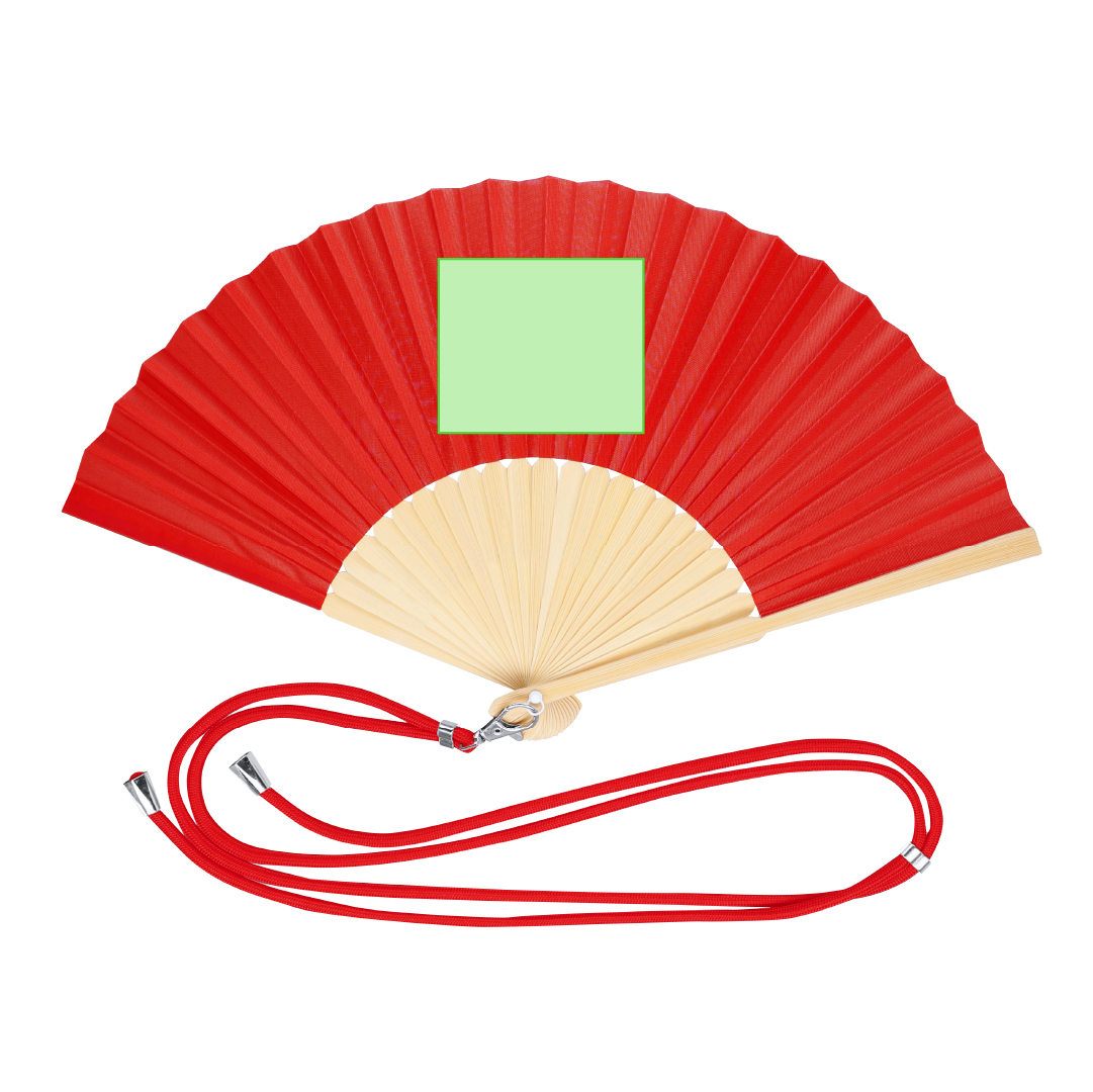 Abanico de bambú y poliéster con cordón ajustable y mosquetón metálico — gama de colores complementaria (38x21 cm)