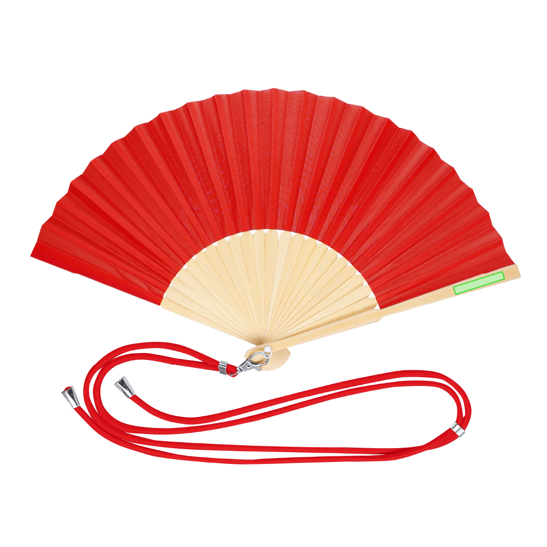 Abanico de bambú y poliéster con cordón ajustable y mosquetón metálico — gama de colores complementaria (38x21 cm)