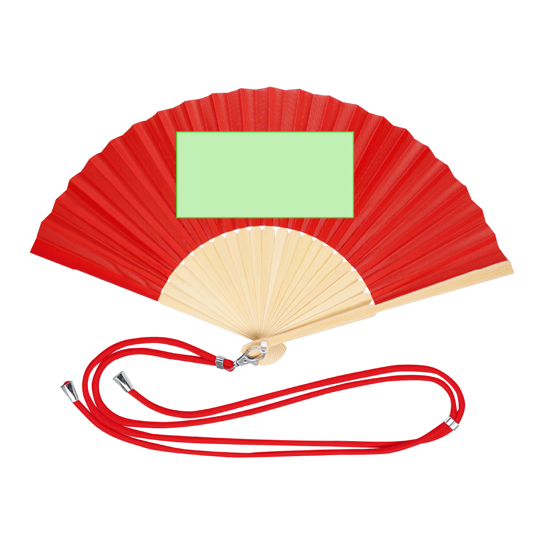 Abanico de bambú y poliéster con cordón ajustable y mosquetón metálico — gama de colores complementaria (38x21 cm)