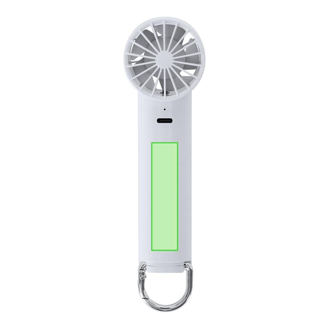 Ventilador portátil recargable de ABS mate con mosquetón de aluminio, 3 velocidades y batería Li-Ion de 1200 mAh con carga USB-C — 13,7x4,6 cm