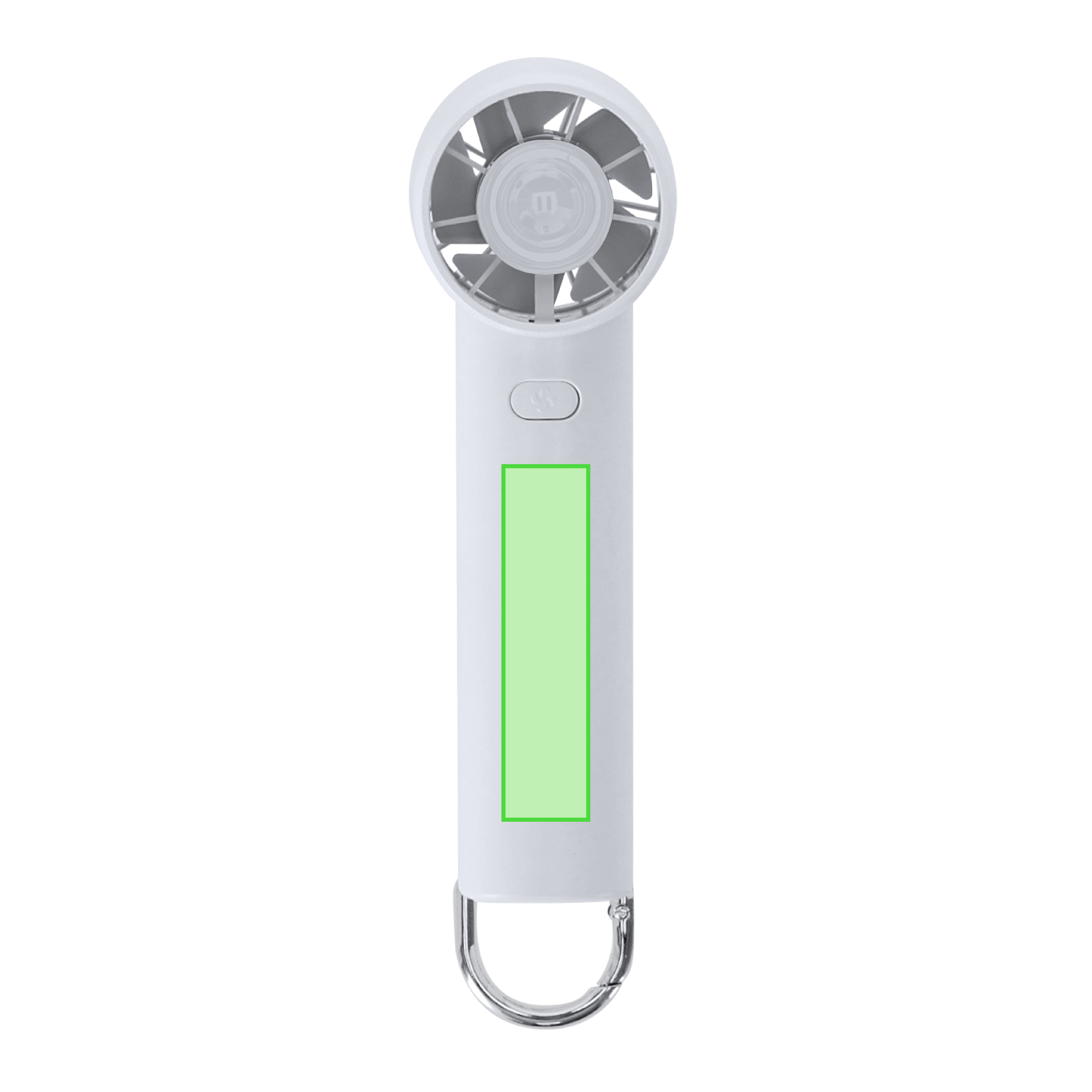 Ventilador portátil recargable de ABS mate con mosquetón de aluminio, 3 velocidades y batería Li-Ion de 1200 mAh con carga USB-C — 13,7x4,6 cm
