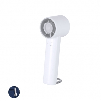 Ventilador portátil recargable de ABS mate con mosquetón de aluminio, 3 velocidades y batería Li-Ion de 1200 mAh con carga USB-C — 13,7x4,6 cm