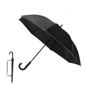 Paraguas antiviento en RPET 190T con diseño negro con ribetes reflectantes, apertura automática y funda con correa — novedad