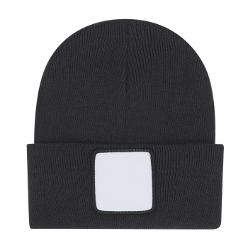 Gorro elástico de punto de acrílico con dobladillo y parche frontal blanco diseñado para sublimación