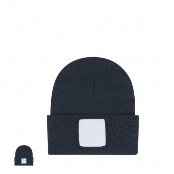 Gorro elástico de punto de acrílico con dobladillo y parche frontal blanco diseñado para sublimación