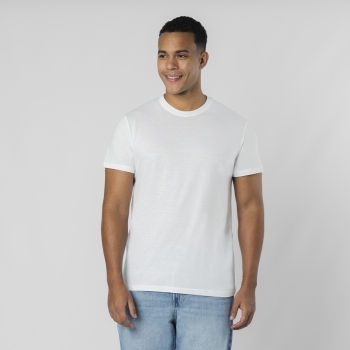 Camiseta Epika adulto blanca — 100% algodón Ring Spun 150 g/m², tejido tubular con cuello canalé 1x1, compatible con serigrafía full-color