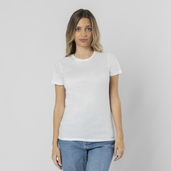Camiseta Epika mujer blanca — 100% algodón Ring Spun 150 g/m², fit femenino con costuras laterales y cuello canalé 1x1