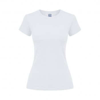 Camiseta Epika mujer blanca — 100% algodón Ring Spun 150 g/m², fit femenino con costuras laterales y cuello canalé 1x1