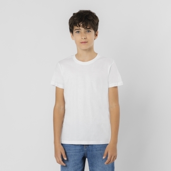 Camiseta Epika infantil unisex blanca — 100% algodón Ring Spun 150 g/m², costuras laterales y cuello canalé 1x1