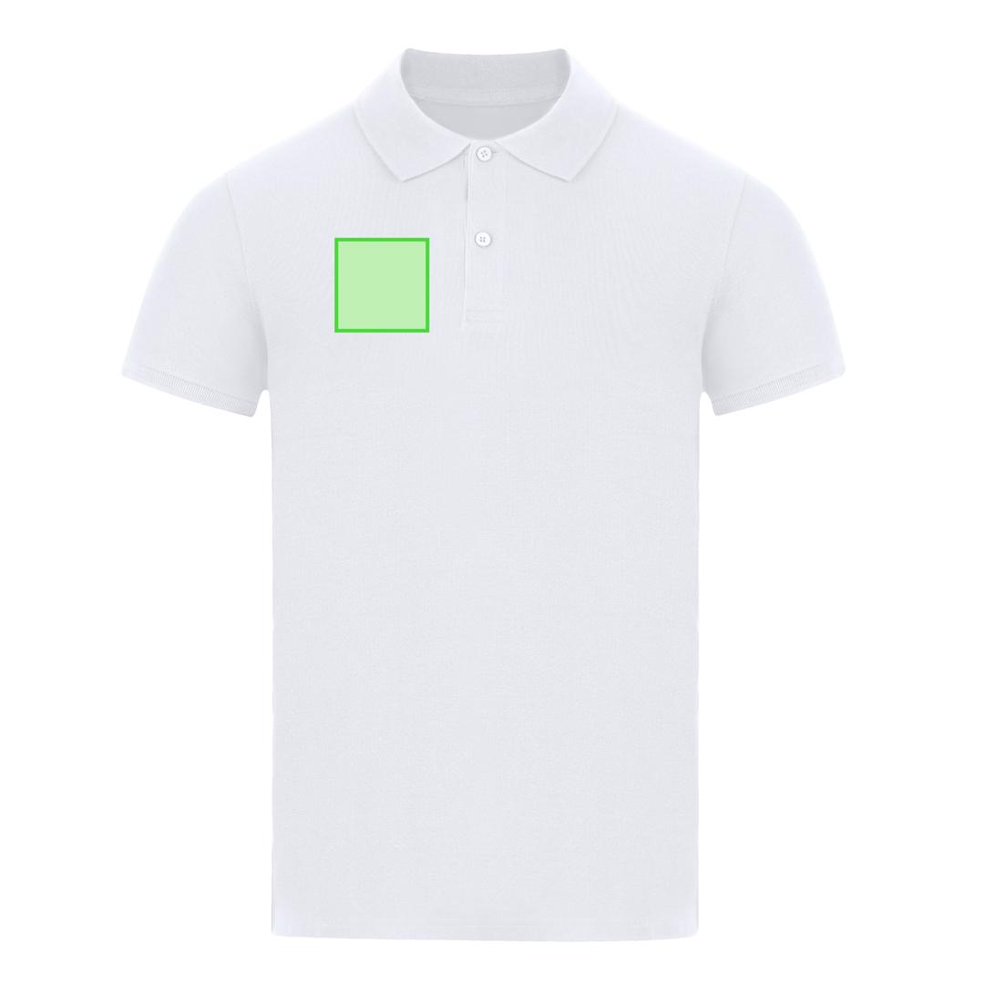 Polo Charles adulto blanco — 100% algodón Ring Spun piqué 180 g/m², tapeta 2 botones mate, ribetes acanalados, compatible con DTF1