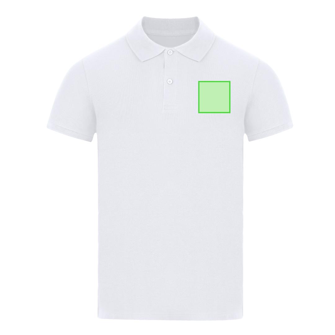 Polo Charles adulto blanco — 100% algodón Ring Spun piqué 180 g/m², tapeta 2 botones mate, ribetes acanalados, compatible con DTF1