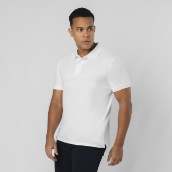 Polo Charles adulto blanco — 100% algodón Ring Spun piqué 180 g/m², tapeta 2 botones mate, ribetes acanalados, compatible con DTF1