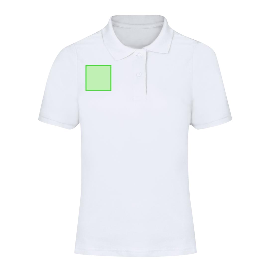 Polo Charles mujer blanco — 100% algodón Ring Spun piqué 180 g/m², fit femenino con tapeta 2 botones mate y ribetes acanalados