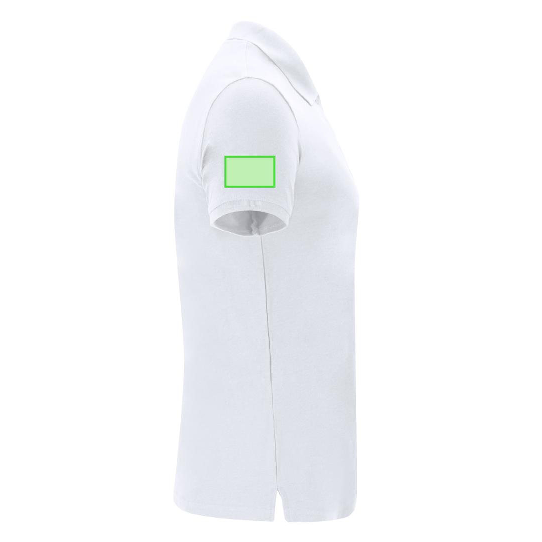 Polo Charles mujer blanco — 100% algodón Ring Spun piqué 180 g/m², fit femenino con tapeta 2 botones mate y ribetes acanalados