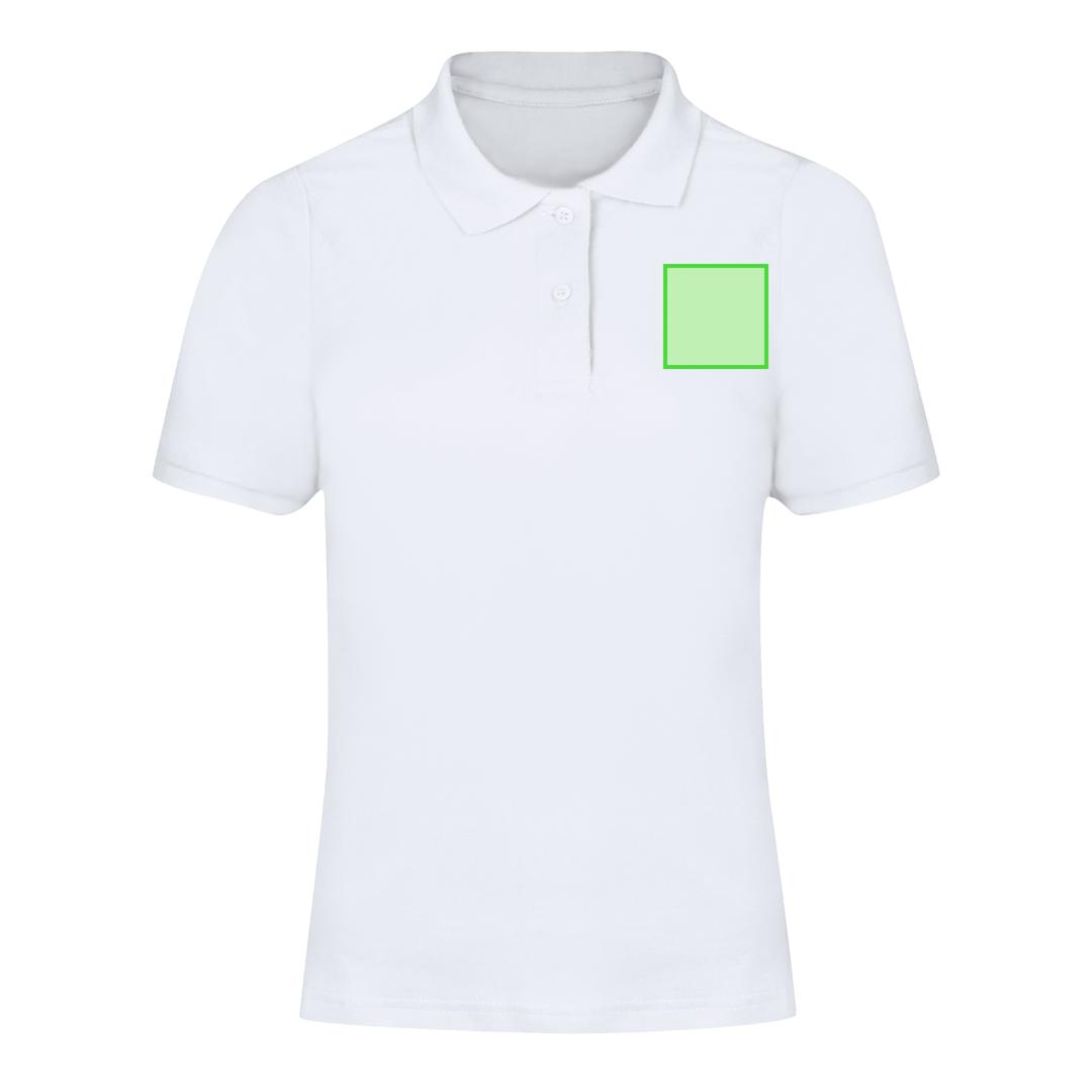 Polo Charles mujer blanco — 100% algodón Ring Spun piqué 180 g/m², fit femenino con tapeta 2 botones mate y ribetes acanalados