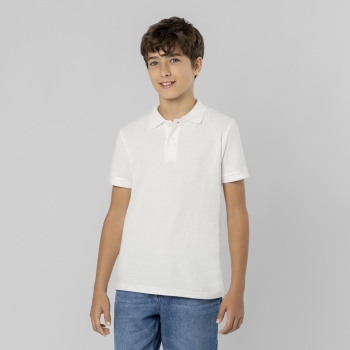 Polo Charles niño blanco — 100% algodón Ring Spun piqué 180 g/m², tapeta 2 botones mate y ribetes acanalados, tallas infantiles
