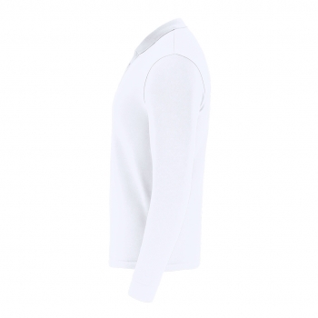 Polo Charlot adulto manga larga blanco — 100% algodón Ring Spun piqué 220 g/m², cuello y puños con elastano canalé 1x1, tapeta 3 botones