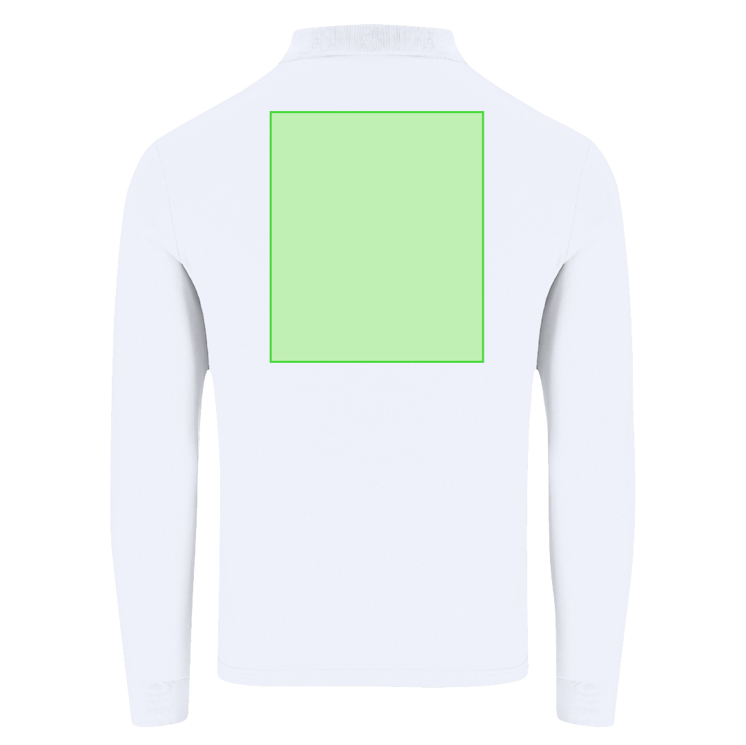 Polo Charlot adulto manga larga blanco — 100% algodón Ring Spun piqué 220 g/m², cuello y puños con elastano canalé 1x1, tapeta 3 botones