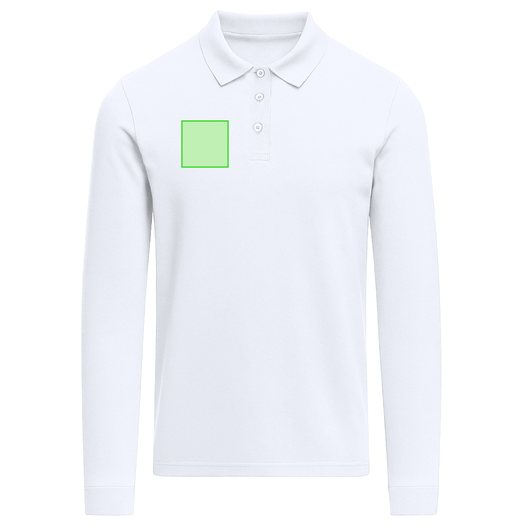 Polo Charlot adulto manga larga blanco — 100% algodón Ring Spun piqué 220 g/m², cuello y puños con elastano canalé 1x1, tapeta 3 botones