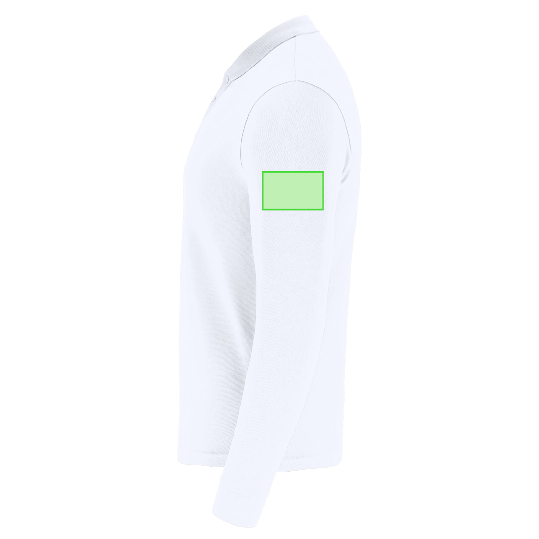 Polo Charlot adulto manga larga blanco — 100% algodón Ring Spun piqué 220 g/m², cuello y puños con elastano canalé 1x1, tapeta 3 botones