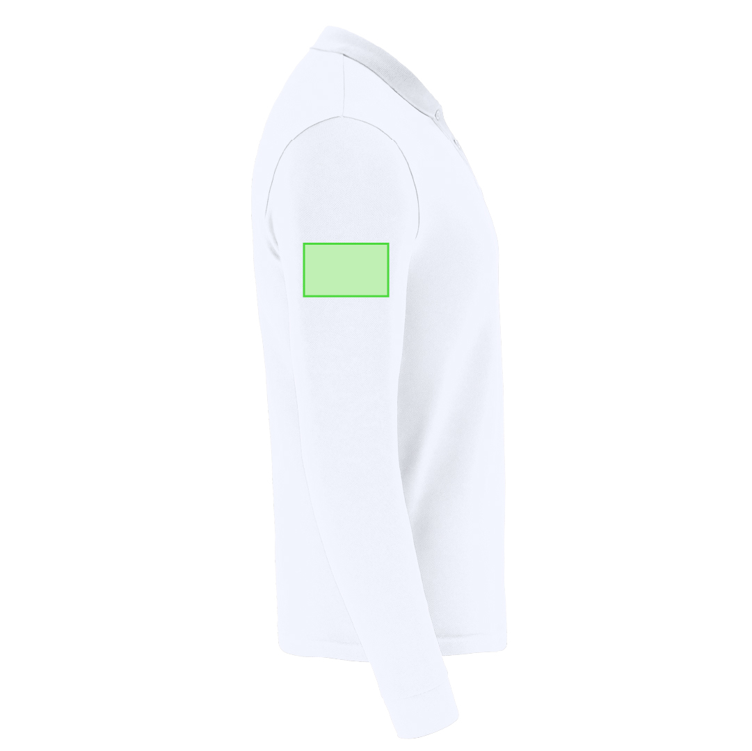 Polo Charlot adulto manga larga blanco — 100% algodón Ring Spun piqué 220 g/m², cuello y puños con elastano canalé 1x1, tapeta 3 botones