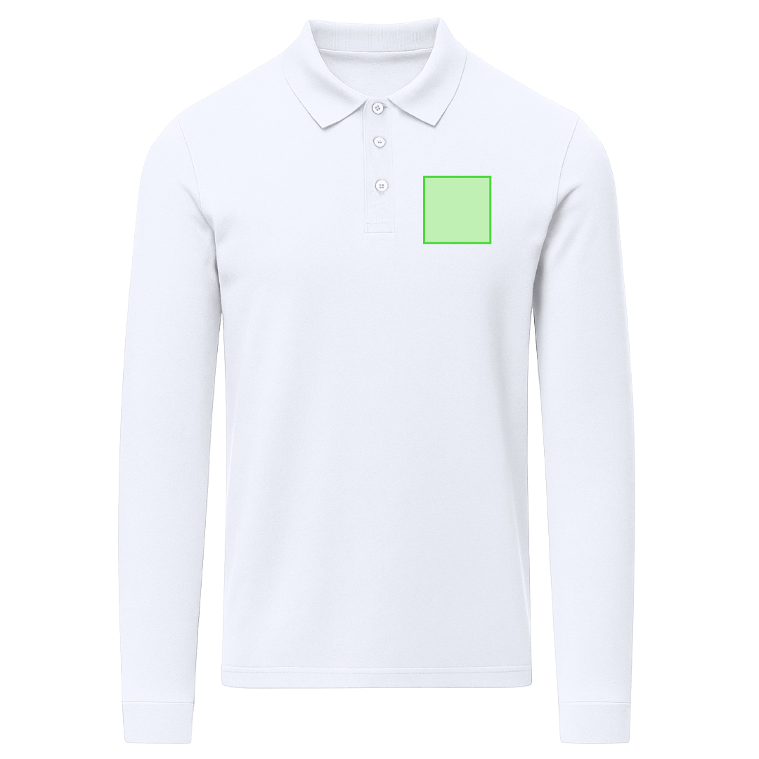 Polo Charlot adulto manga larga blanco — 100% algodón Ring Spun piqué 220 g/m², cuello y puños con elastano canalé 1x1, tapeta 3 botones