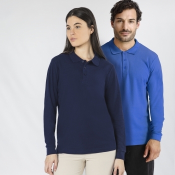 Polo Charlot adulto manga larga color — 100% algodón Ring Spun piqué 220 g/m², cuello y puños con elastano canalé 1x1, tapeta 3 botones
