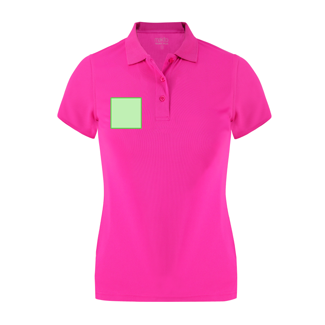 Polo técnico Tecnic Plus mujer — 100% poliéster piqué 180 g/m² con Cool Dry, fit femenino, tapeta 3 botones y aperturas laterales