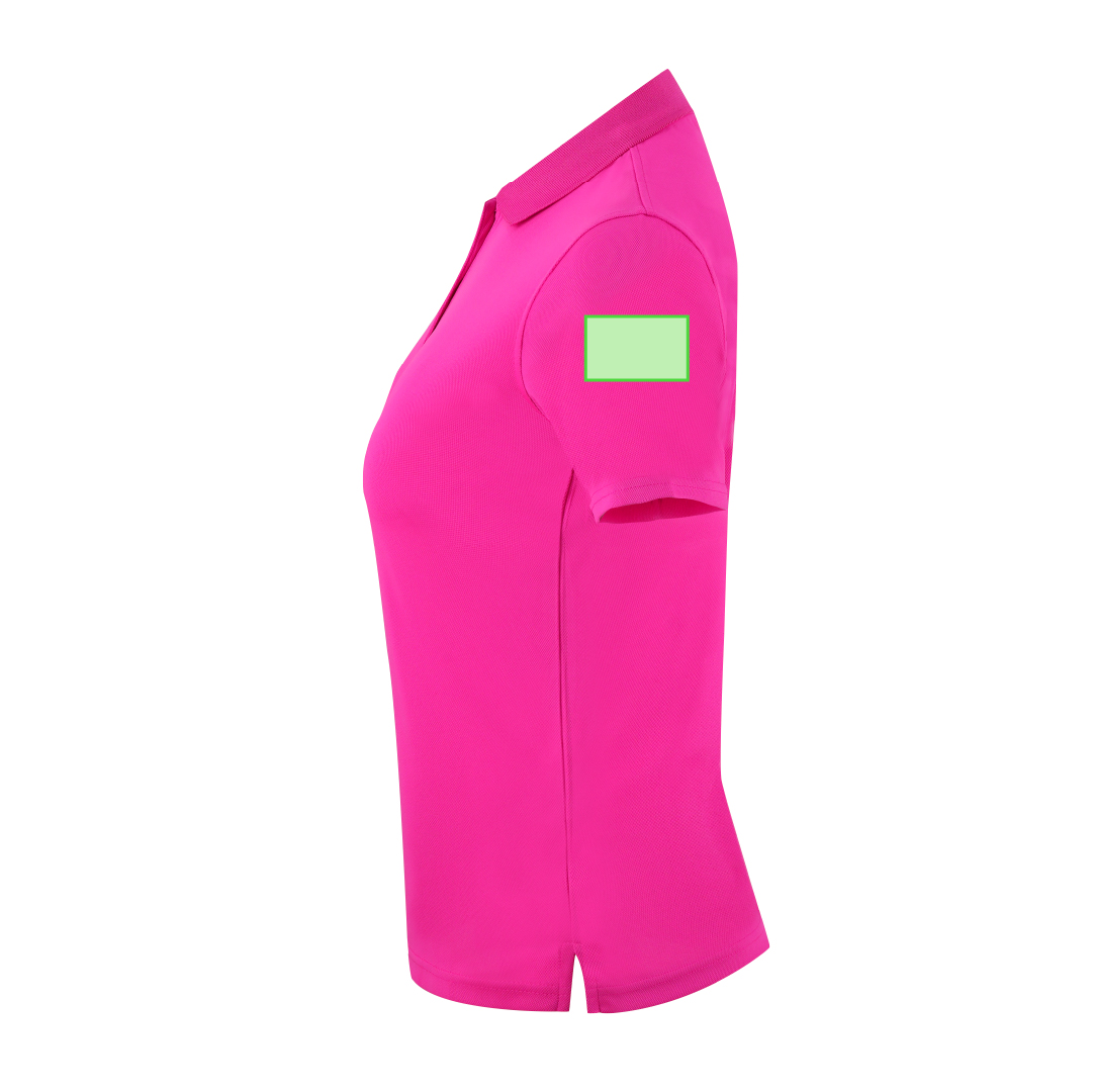 Polo técnico Tecnic Plus mujer — 100% poliéster piqué 180 g/m² con Cool Dry, fit femenino, tapeta 3 botones y aperturas laterales