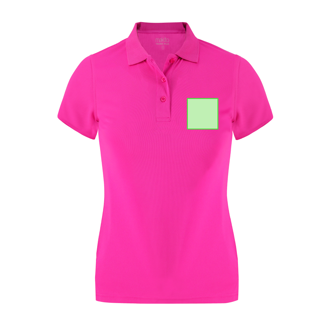 Polo técnico Tecnic Plus mujer — 100% poliéster piqué 180 g/m² con Cool Dry, fit femenino, tapeta 3 botones y aperturas laterales