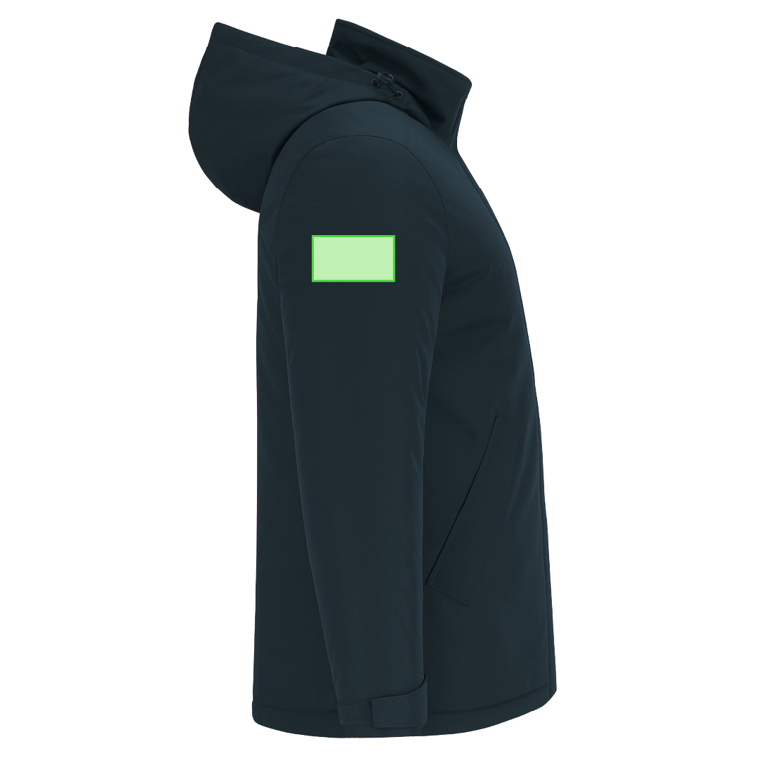 Parka adulto Oceanía RPET acolchada — exterior RPET / interior polar fleece, capucha plegable con velcro, acceso interior para marcaje